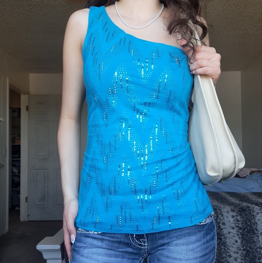 Y2k 2000s Express Torquise One Shoulder Sequin Beaded Top Size Small